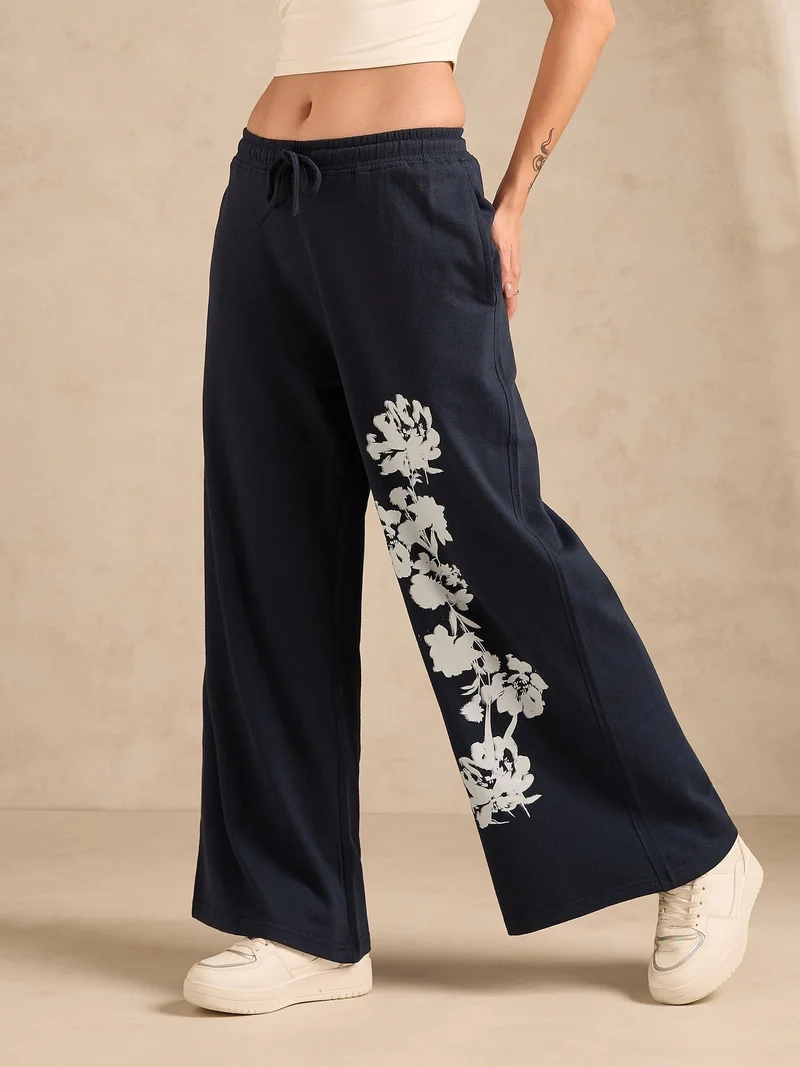 Outzidr  Navy Blue Cuffed Jogger With Side Graphic Print for Women | Best Price UAE